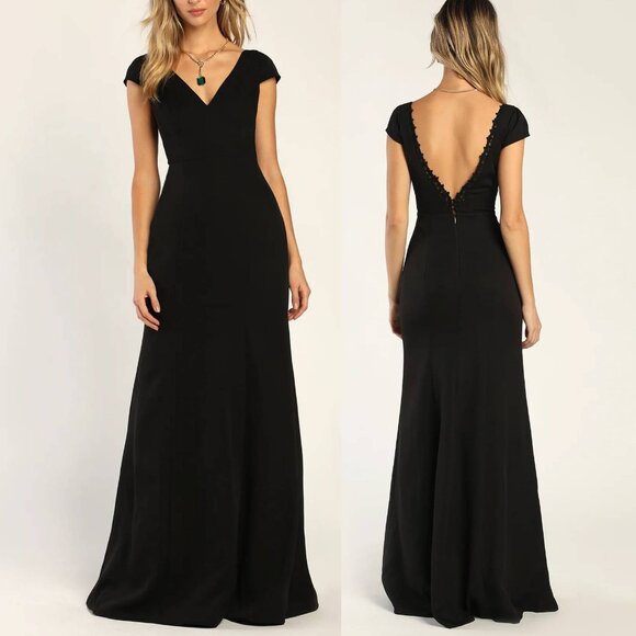 Lulus Love Will Follow Black Cap Sleeve Mermaid Maxi Dress formal evening NWT - Picture 1 of 9